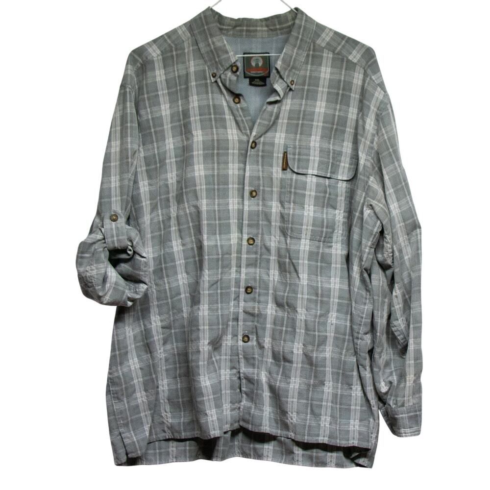 WEATHERPROOF Mens Vented Back Fishing Shirt Plaid Roll Tab Sleeves Gray XXL